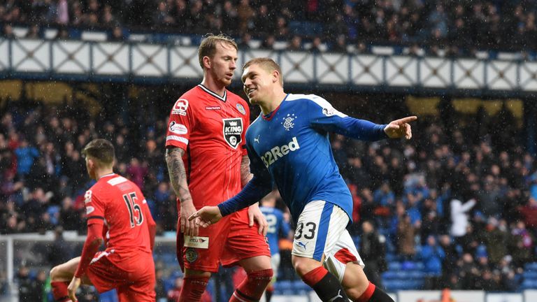 Martyn Waghorn races off to celebrate after scoring Rangers' third goal in the Petrofac Training Cup semi-final against St Mirren