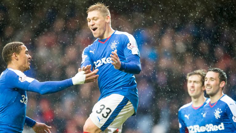 Rangers' Martyn Waghorn celebrates scoring his sides third goal 