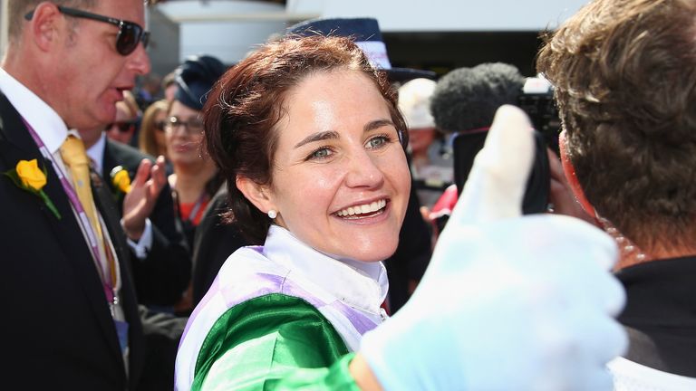 MELBOURNE, AUSTRALIA - NOVEMBER 03:  Michelle Payne celebrates after riding Prince of Penzance to win race seven The Emirates Melbourne Cup on Melbourne Cu