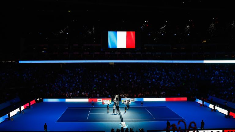 LONDON, ENGLAND - NOVEMBER 15: A general view as Novak Djokovic of Serbia and Kei Nishikori of Japan observe a minute's silence to remember those who lost 