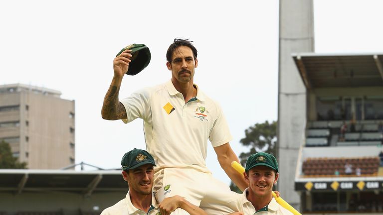 Mitchell Johnson was carried off the field after making his final appearance for Australia