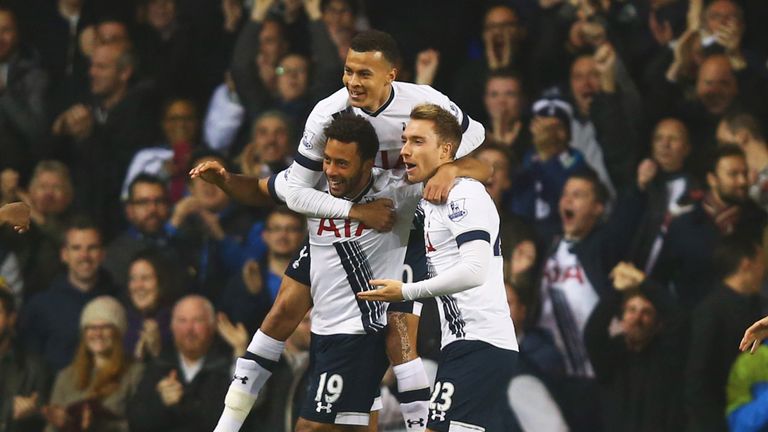 Mousa Dembele of Tottenham Hotspur (19) is mobbed by team-mates Dele Alli and Christian Eriksen (23) as he celebrates his goal v Aston Villa