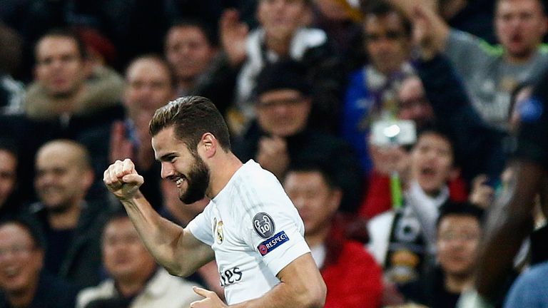 Nacho Fernandez of Real Madrid celebrates as he scores their first goal during the UEFA Champions League Group A match v Paris Saint-Germain