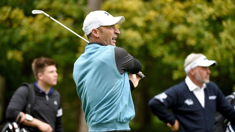 Nasser Hussain playing the British Masters pro-am with Ryder Cup captain Darren Clarke