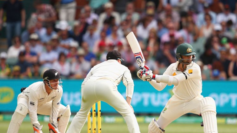 ADELAIDE, AUSTRALIA - NOVEMBER 28: Nathan Lyon of Australia bats during day two of the Third Test match between Australia and New Zealand at Adelaide Oval 