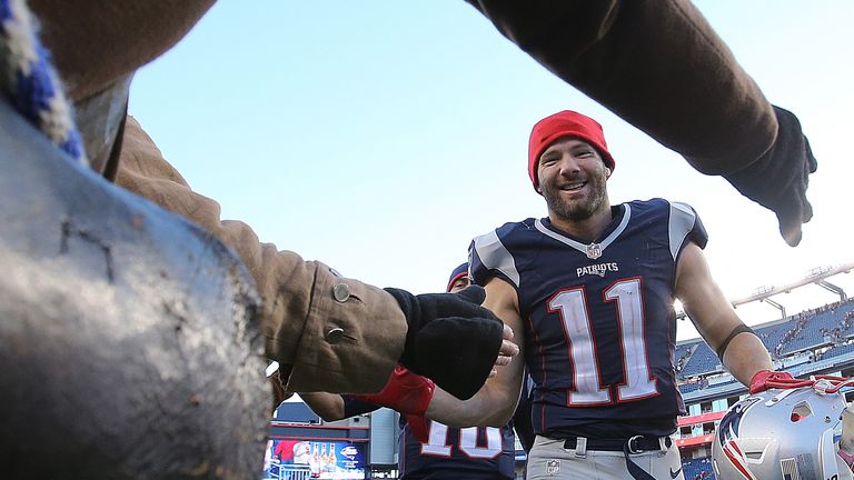  Julian Edelman #11 of the New England Patriots celebrates a win over the Washington Redskins 
