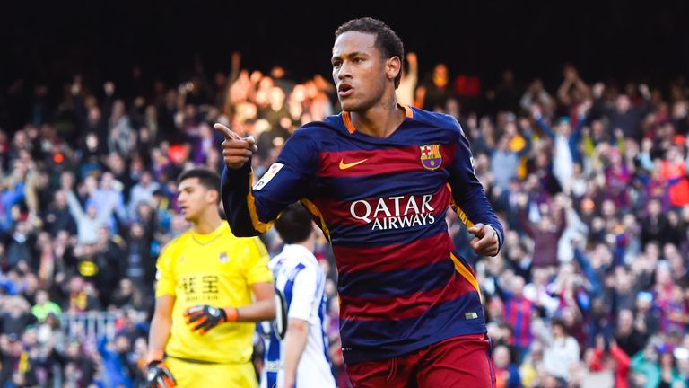  Neymar of FC Barcelona celebrates after scoring the opening goal against Real Sociedad