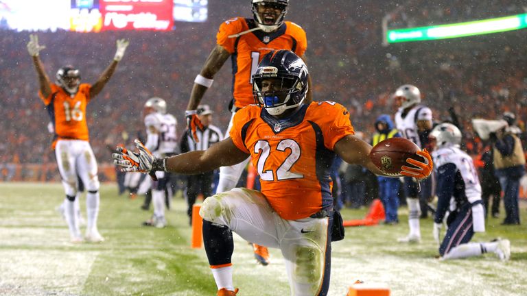 C.J. Anderson of the Denver Broncos celebrates after scoring a late touchdown against the New England Patriots