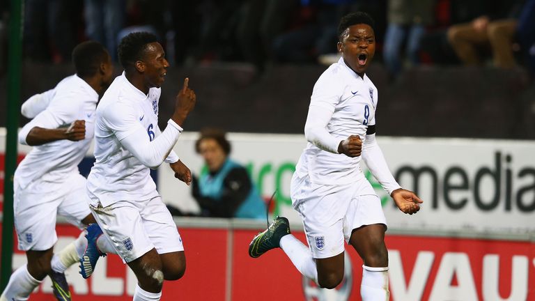 Niall Ennis celebrates his goal during the U17 friendly match between England and Germany 