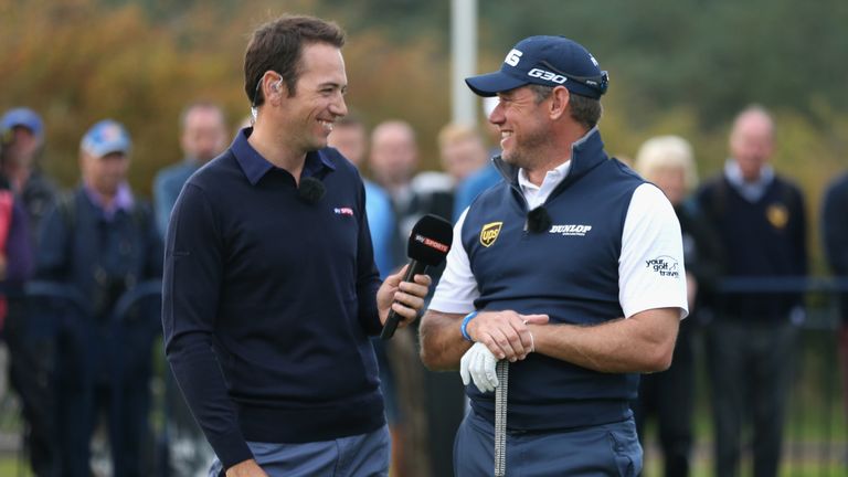 Nick Dougherty  and Lee Westwood during a Live Sky Sports Masterclass following the first round of the British Masters at Woburn