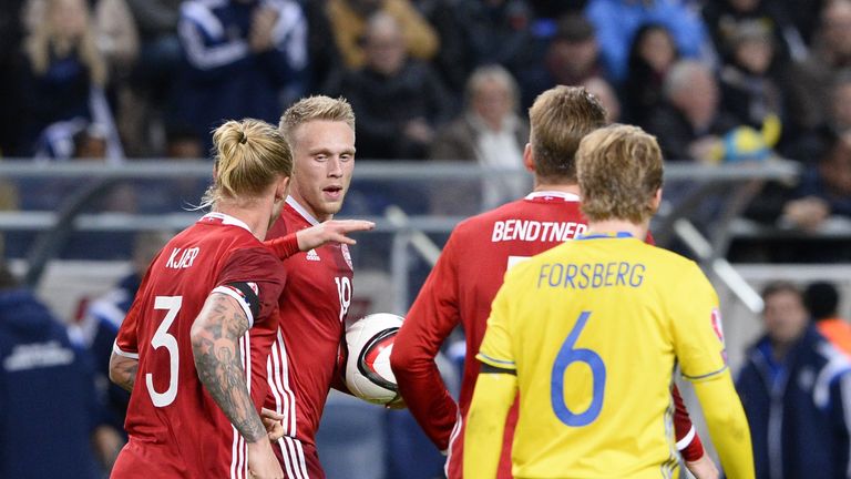 Nicolai Jorgensen celebrates scoring what could be a crucial away goal for Denmark