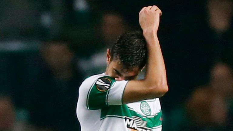 Celtic's Nir Bitton walks of the pitch receiving a red card during the UEFA Europa League match at Celtic Park, Glasgow.