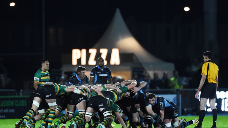 21/11/15 EUROPEAN RUGBY CHAMPIONS CUP.GLASGOW WARRIORS v NORTHAMPTON SAINTS.SCOTSTOUN.Both sets of players compete in the scrum