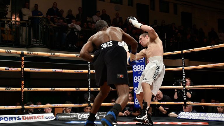 LONDON, ENGLAND - DECEMBER 06:  Ohara Davies knocks down Oszkar Fiko during the Lightweight contest at York Hall on December 6, 2014 in London, England.  (