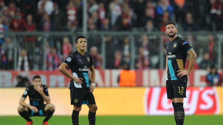 Alexis Sanchez and Olivier Giroud of Arsenal during the Champions League Group Stage match between Bayern and Arsenal at the Allianz Arena on November 4