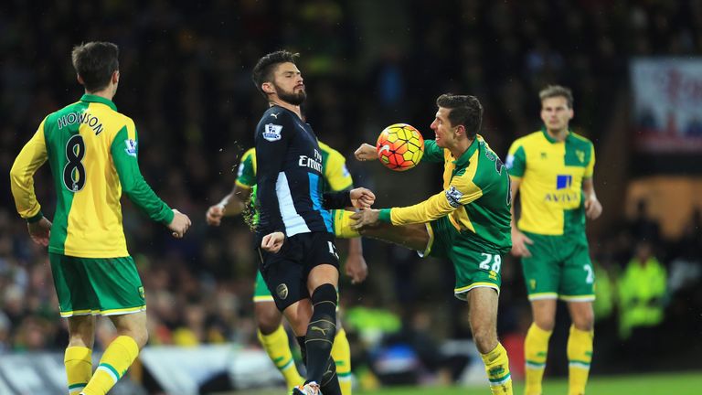  Olivier Giroud of Arsenal and Gary O'Neil of Norwich City battle for the ball