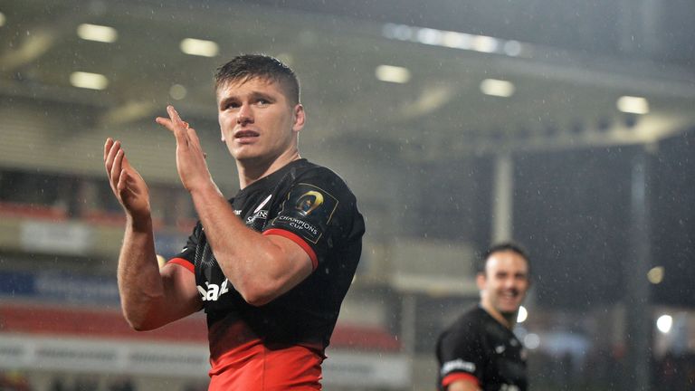 Owen Farrell applauds the visiting supporters after Saracens beat Ulster at Kingspan Stadium in the Champions Cup