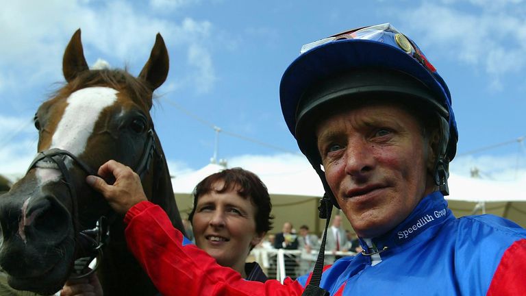 GOODWOOD, ENGLAND - JULY 30:   Pat Eddery and Reel Buddy return after landing The Sussex Stakes Race run on the second day of The Glorious meeting at Goodw