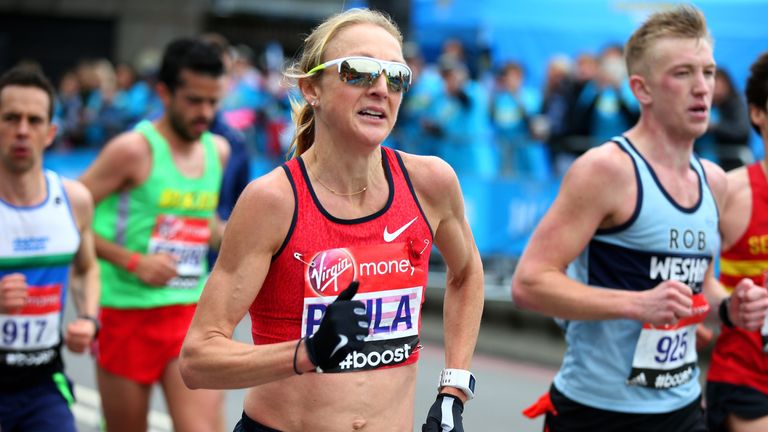 LONDON, ENGLAND - APRIL 26:  Paula Radcliffe of Great Britain competes during the Virgin Money London Marathon on April 26, 2015 in London