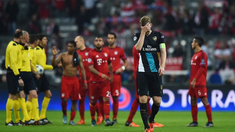 Per Mertesacker dejected, Bayern Munich v Arsenal, Champions League