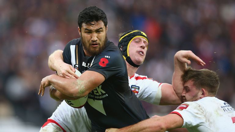 Peta Hiku of New Zealand is tackled during the International Rugby League Test Series match between England and New Zealand