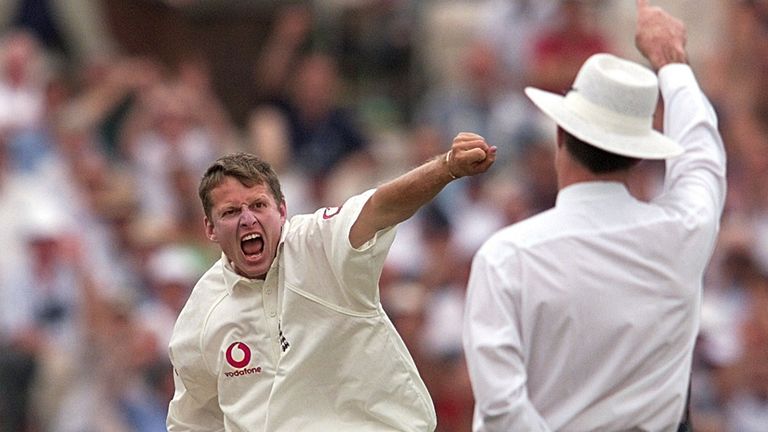 England spinner Peter Such celebrates after trapping New Zealand captain Stephen Flemming LBW at Old Trafford.