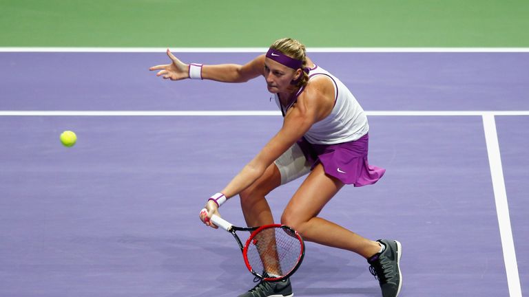 Petra Kvitova of Czech Republic in action during the WTA Finals match against Agnieszka Radwanska of Poland