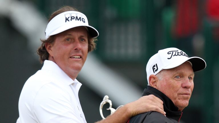 Phil Mickelson with his coach Butch Harmon after winning the 2013 Open Championship at Muirfield