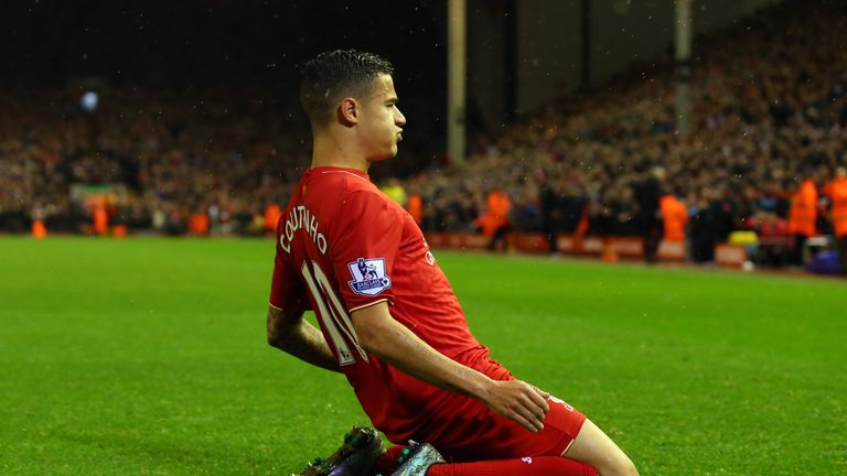 Philippe Coutinho of Liverpool celebrates scoring his side's first goal against Crystal Palace at Anfield on November 8, 2015