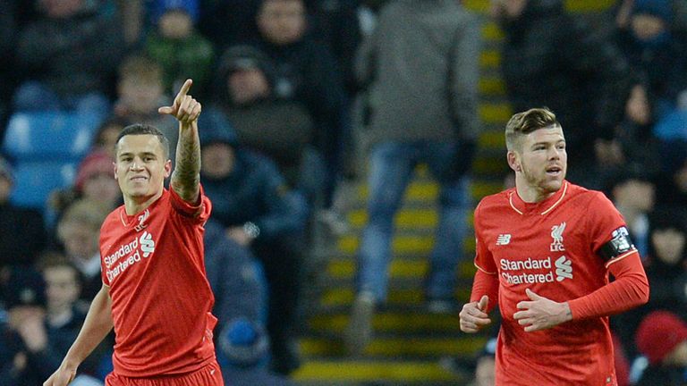 Liverpool's Philippe Coutinho celebrates after scoring their second goal against Manchester City