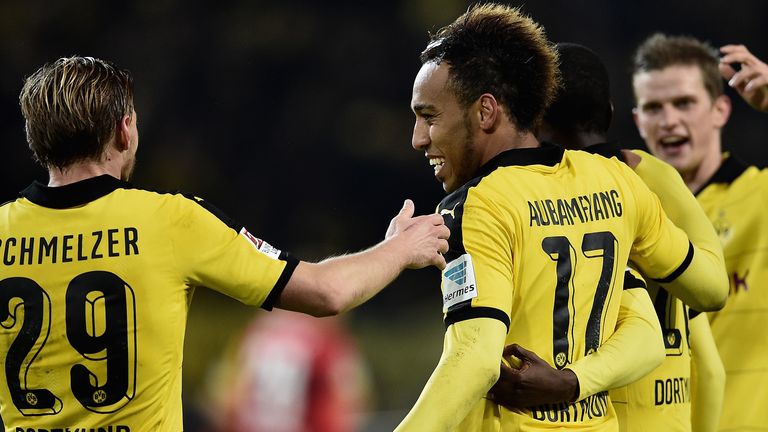 Pierre-Emerick Aubameyang celebrates after scoring for Dortmund