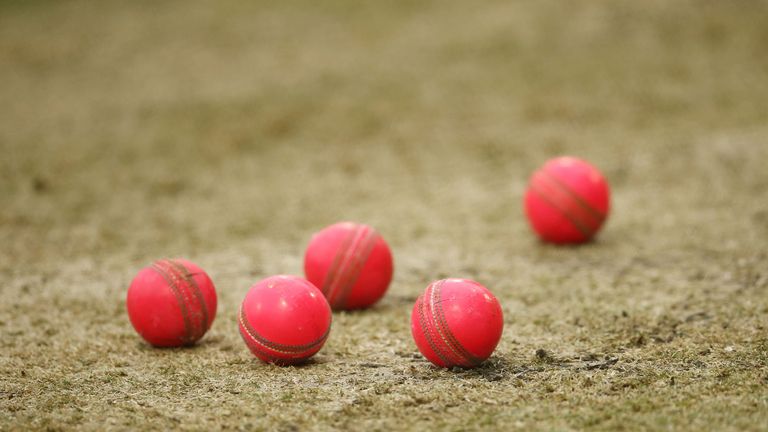 Pink cricket balls lie on he pitch during a New Zealand training session at Adelaide Oval on November 25, 2015