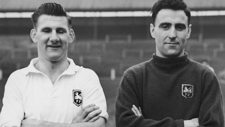 Preston North End players Joe Marston (left), the first Australian to play in an FA Cup match, and Tommy Thompson, 1950s. (cropped for Marston)
