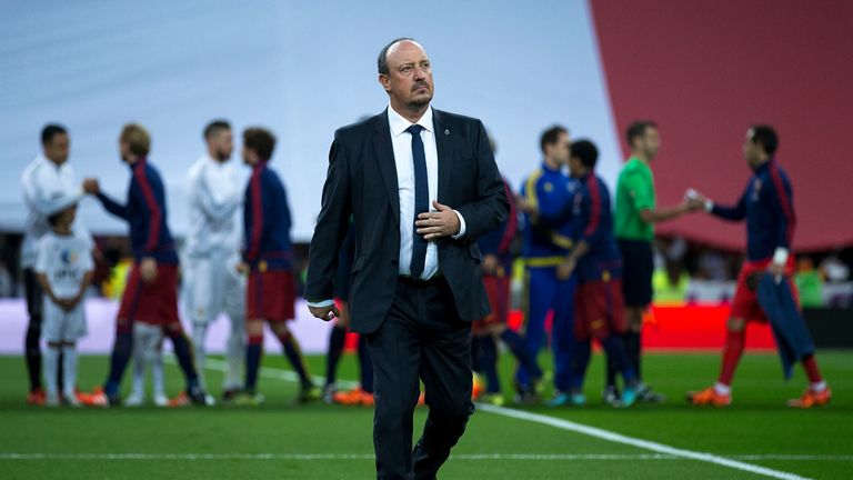 MADRID, SPAIN - NOVEMBER 21:  Head coach Rafael Benitez of Real Madrid CF leaves the pitch prior to start the La Liga match between Real Madrid CF and FC B