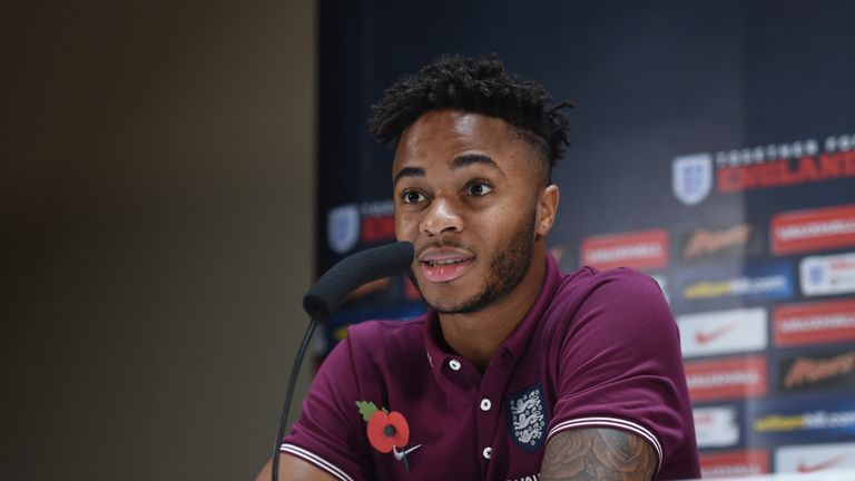 Raheem Sterling speaks to the media during the England press conference at Asia Gardens Hotel on November 11, 2015 in Alicante