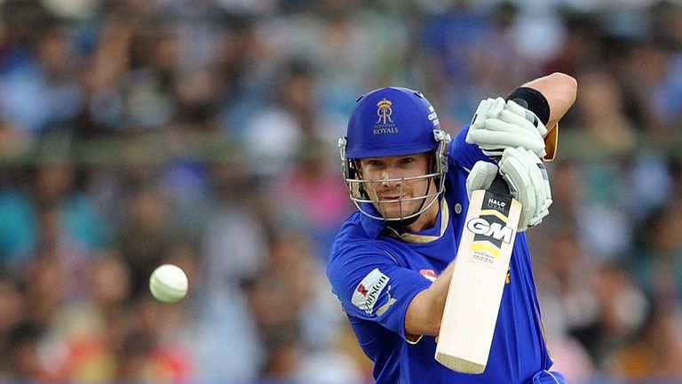 Rajasthan Royals batsman Shane Watson plays a shot during the IPL Twenty20 match between Rajasthan Royals and Pune Warriors at Swai Mansingh stadium in Jai