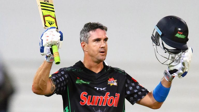 Kevin Pietersen celebrates a century for the Dolphins