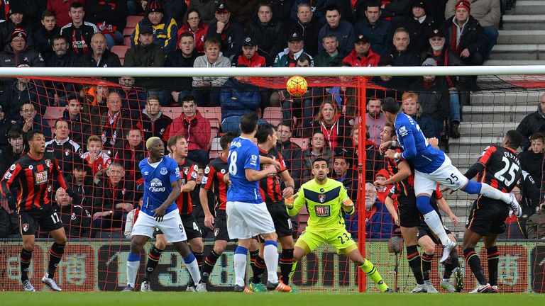 Ramiro Funes Mori (second right) heads the ball past Bournemouth goalkeeper Adam Federici to put Everton 1-0 up in the 25th minute