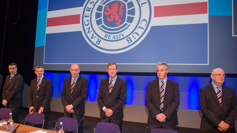 (L/R) Stewart Robertson, Rangers manager Mark Warburton, chairman Dave King, vice-chairman Paul Murray and John Gilligan at the club's AGM