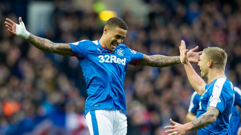 Rangers' James Tavernier celebrates his goal against Alloa in the Scottish Championship with fellow scorer Martyn Waghorn