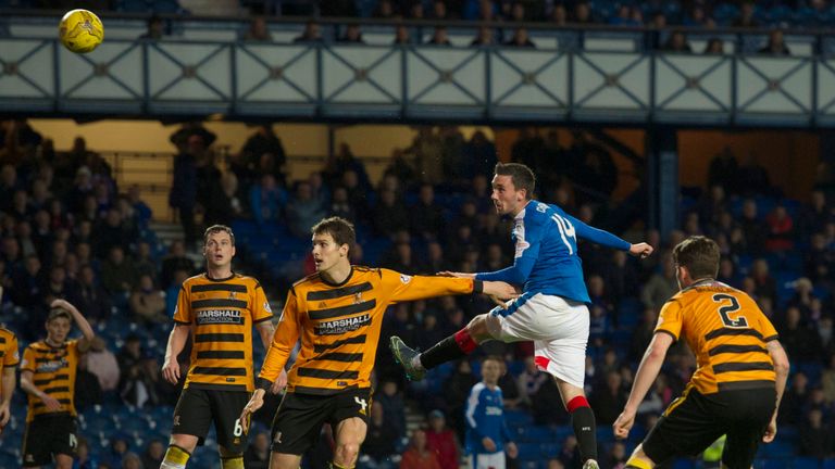 Rangers substitute Nicky Clark (2nd right) gets up highest to head home the final goal in the 4-0 win over Alloa Athletic