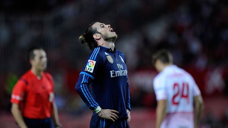 Gareth Bale of Real Madrid reacts after his shot at goal was saved during the La Liga match between Sevilla FC 