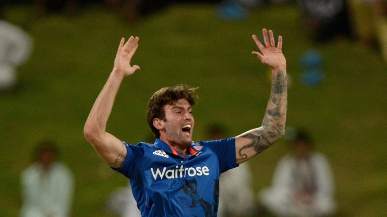 Reece Topley of England celebrates dismissing Azhar Ali of Pakistan during the 1st One Day International in Abu Dhabi