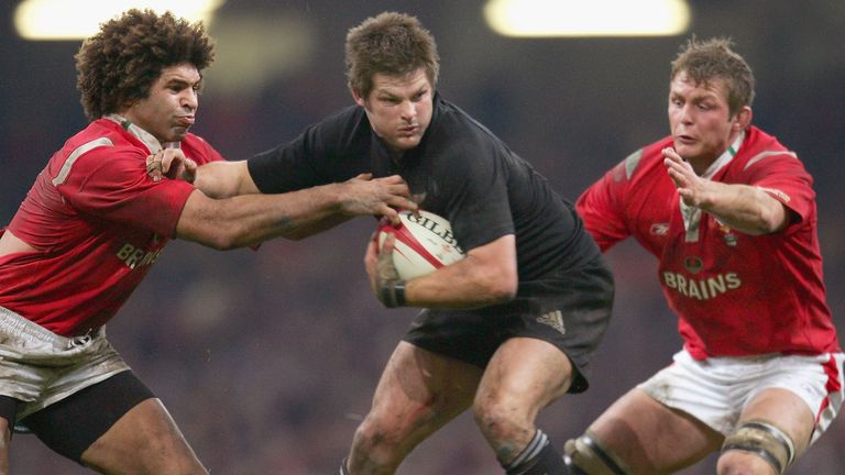 Richie McCaw in action against Wales in his first outing as All Black captain in 2004