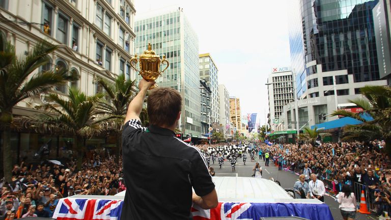 Richie McCaw holds up the Webb Ellis Cup after winning the World Cup in 2011