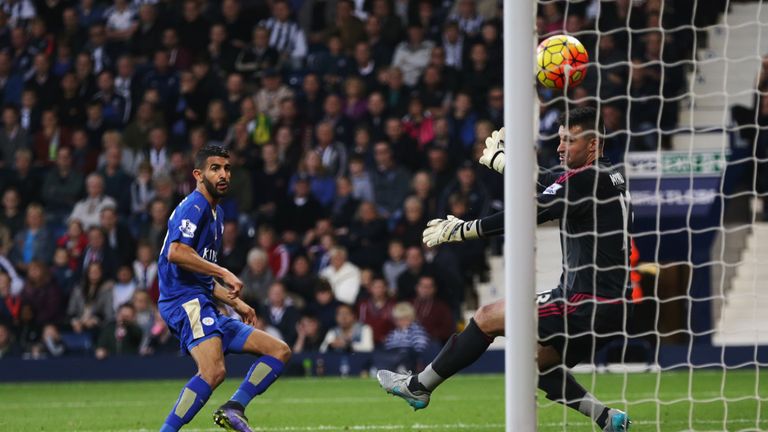 Riyad Mahrez of Leicester City scores his team's second goal during the Premier League match at West Bromwich Albion on October 31, 2015