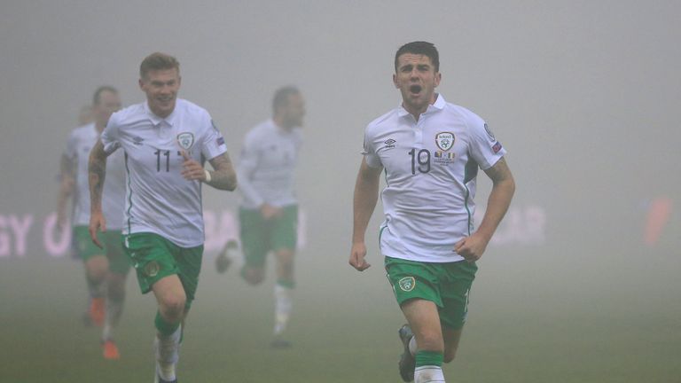 Robbie Brady (R) of Republic of Ireland celebrates scoring