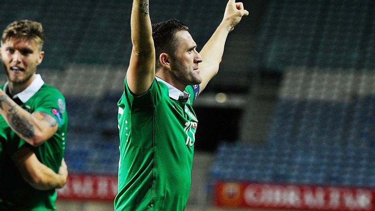 Robbie Keane celebrating an earlier victory in the European Qualifiers