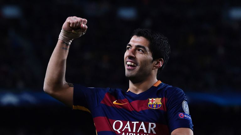 Barcelona's Luis Suarez celebrates after scoring against Roma