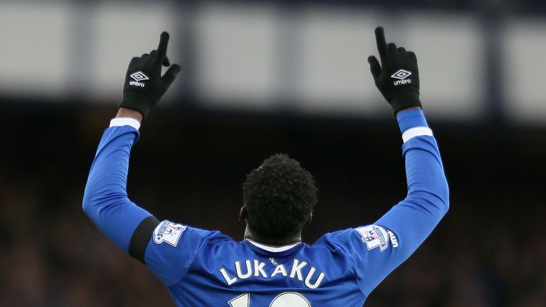 Everton's Romelu Lukaku celebrates scoring his side's second goal of the game during the Premier League match against Aston Villa
